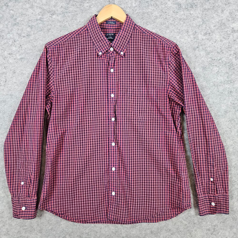 J Crew Re-Imagined Slim Untucked Flex Washed Size L Shirt Blue Red Checks Preppy